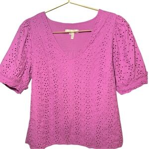 Draper James Purple Eyelet Blouse Cotton Short Puff Sleeve Top Size S